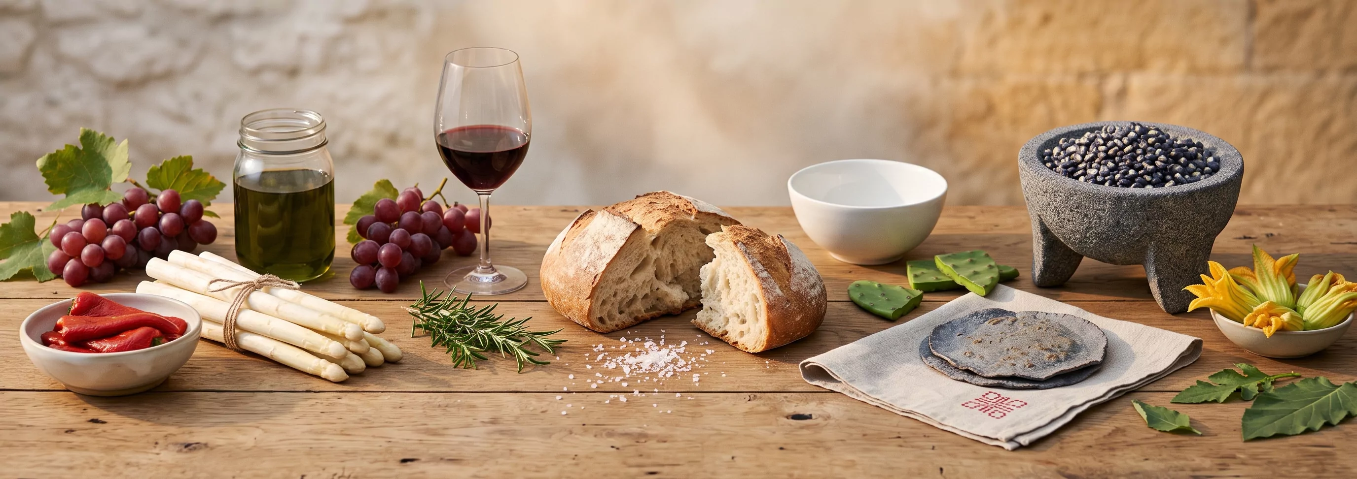Bodegón editorial con ingredientes de Navarra y Tlaxcala sobre mesa de madera.